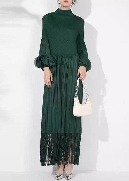 Solid Blackish Dress Green Cotton Petal Long Loose Wrinkled