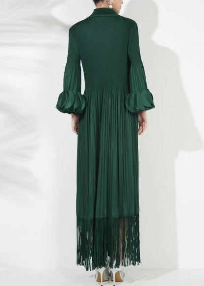 Solid Blackish Dress Green Cotton Petal Long Loose Wrinkled