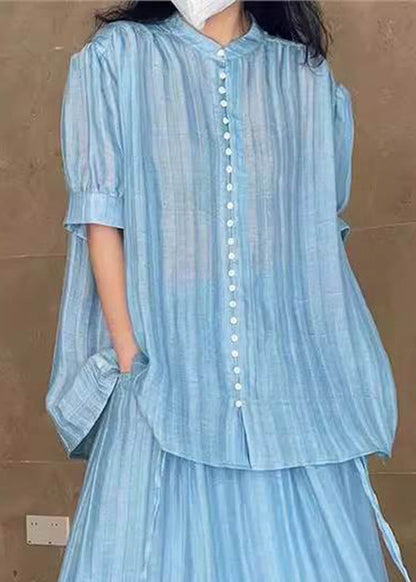 Summer Loose Blue Two Button Skirts Blouses And Set Pieces Solid