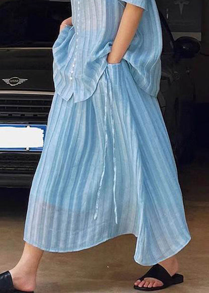 Summer Loose Blue Two Button Skirts Blouses And Set Pieces Solid