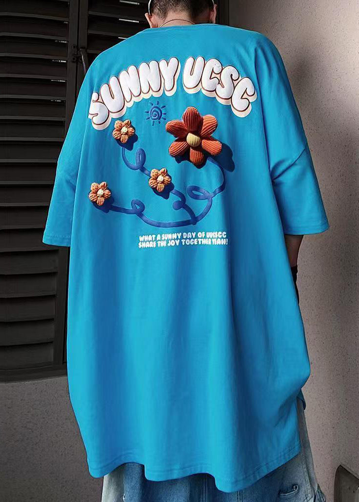 Sleeve Letter Men's Shirts T Half Floral Cotton Blue Loose