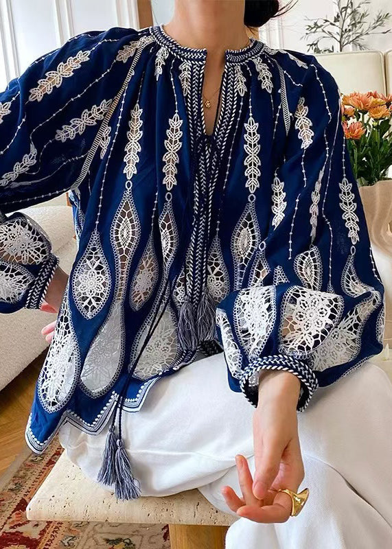 Up Blouses Cotton Loose Out Blue Lace Hollow Spring