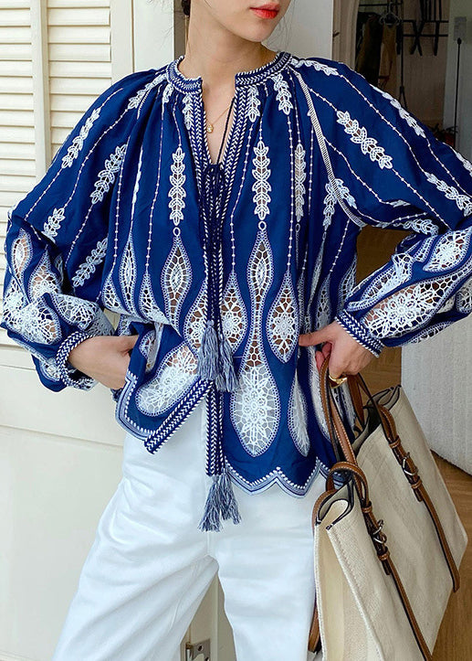 Up Blouses Cotton Loose Out Blue Lace Hollow Spring