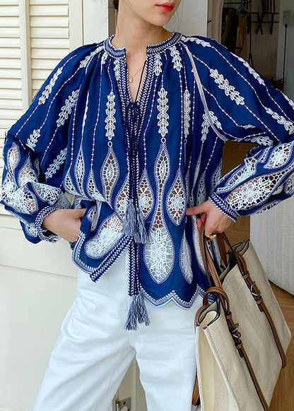 Up Blouses Cotton Loose Out Blue Lace Hollow Spring