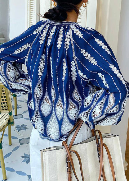 Up Blouses Cotton Loose Out Blue Lace Hollow Spring