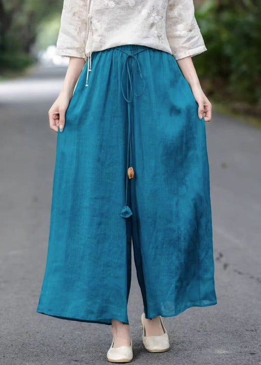Elastic Summer Blue Loose Leg Waist Lace Cotton Up Wide Pants