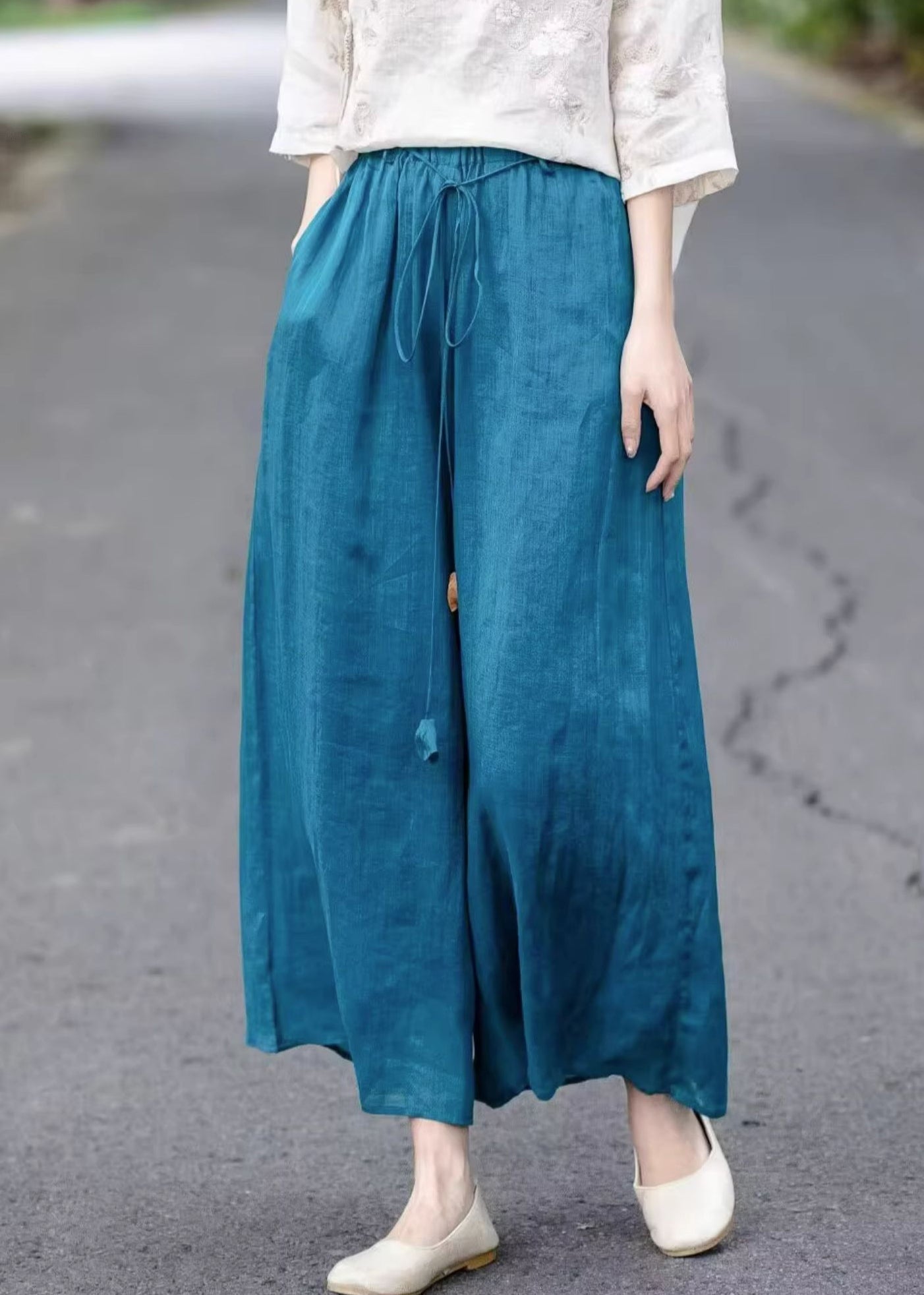 Elastic Summer Blue Loose Leg Waist Lace Cotton Up Wide Pants