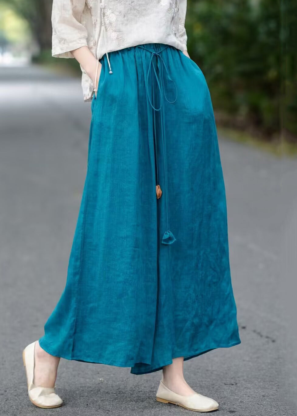 Elastic Summer Blue Loose Leg Waist Lace Cotton Up Wide Pants