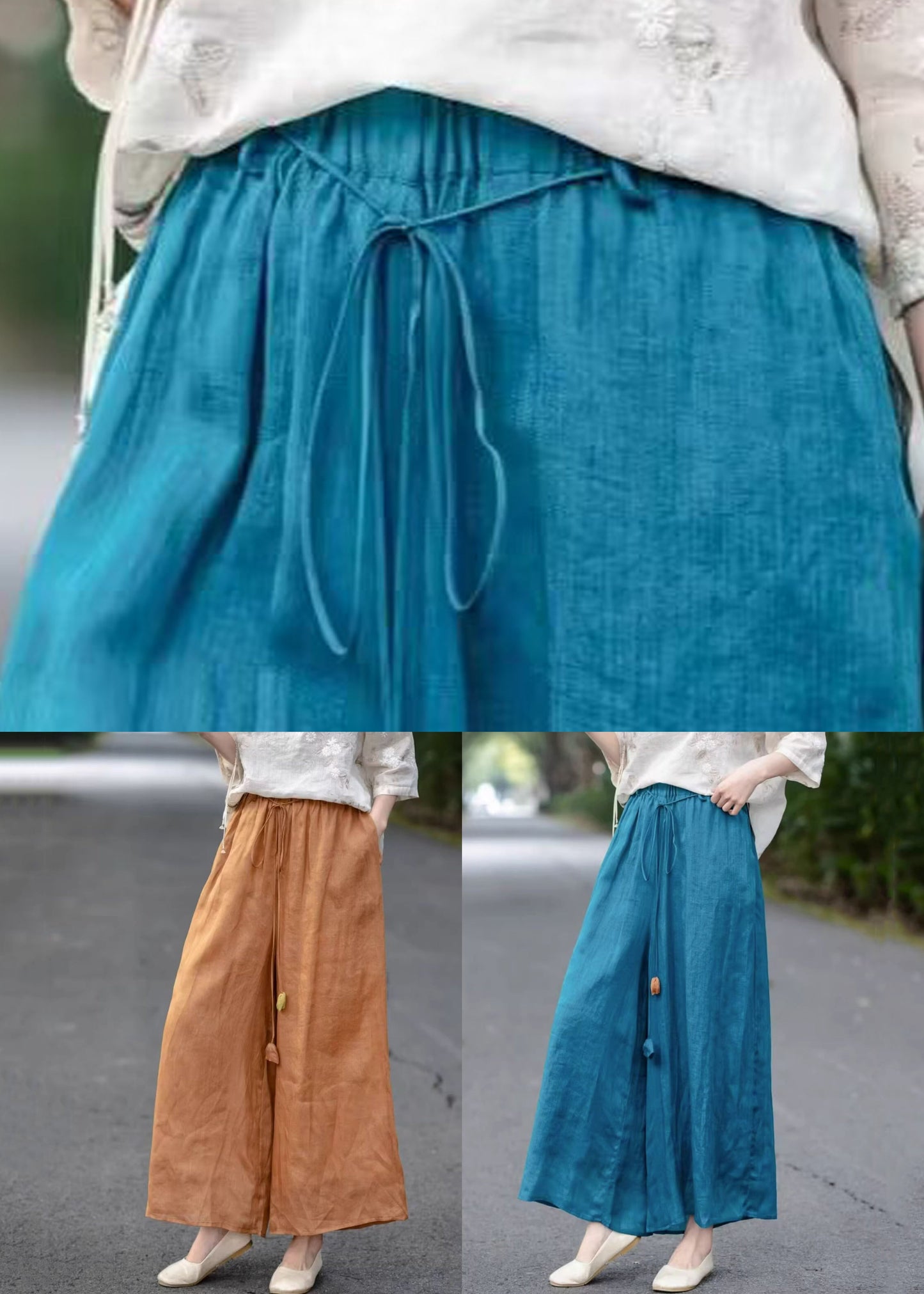 Elastic Summer Blue Loose Leg Waist Lace Cotton Up Wide Pants