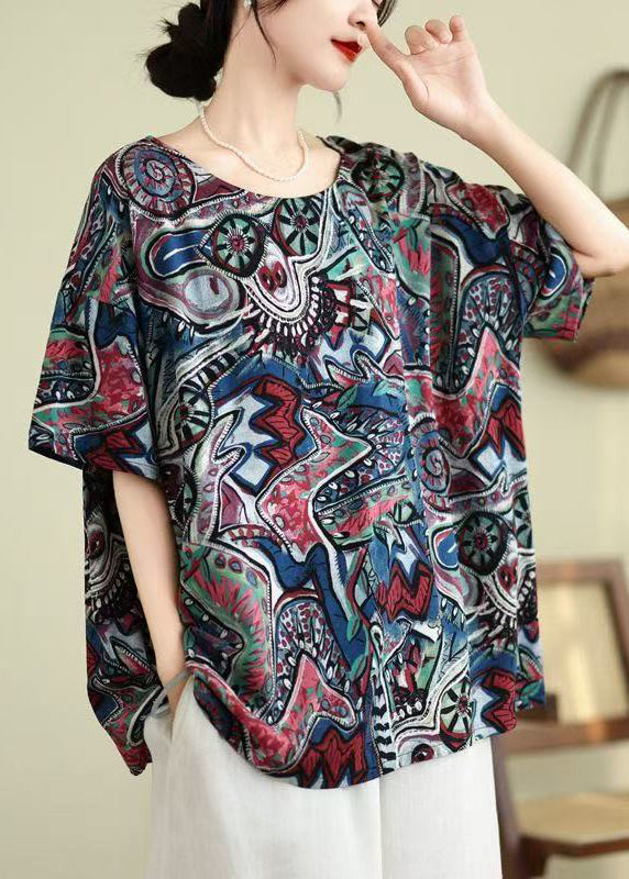 O-Neck Summer Shirt Blue Top Print Loose