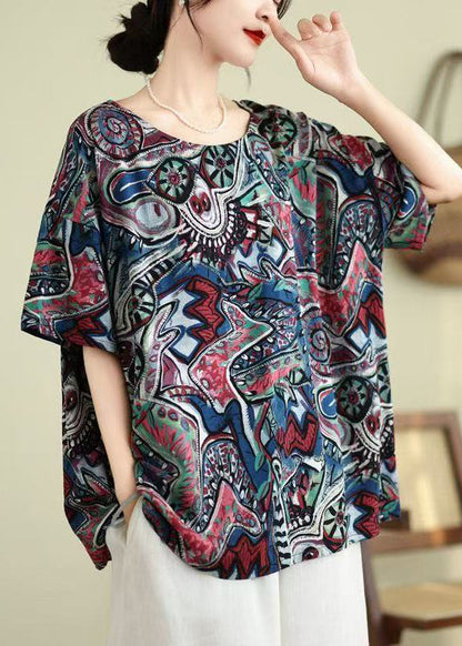 O-Neck Summer Shirt Blue Top Print Loose