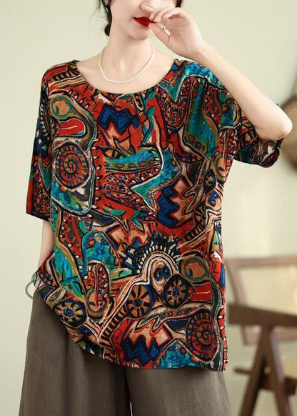 O-Neck Summer Shirt Blue Top Print Loose