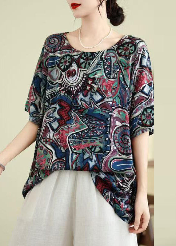 O-Neck Summer Shirt Blue Top Print Loose