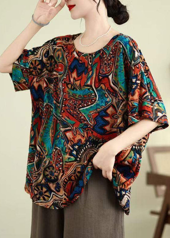 O-Neck Summer Shirt Blue Top Print Loose