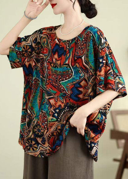 O-Neck Summer Shirt Blue Top Print Loose