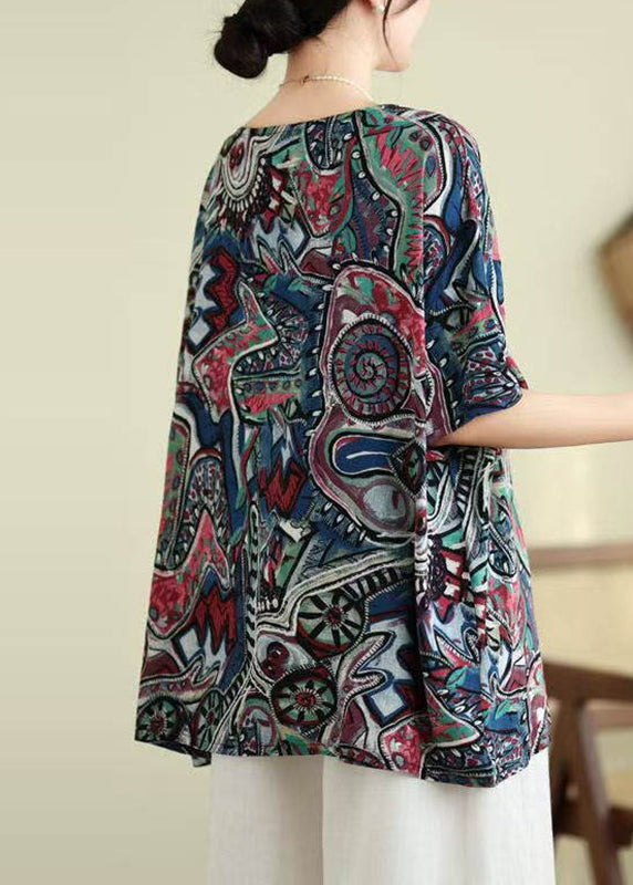 O-Neck Summer Shirt Blue Top Print Loose