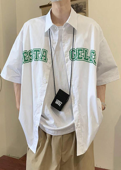 Summer Shirts Peter Letter Collar Blue Cotton Mens Loose Pan