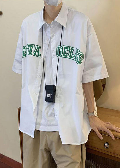 Summer Shirts Peter Letter Collar Blue Cotton Mens Loose Pan