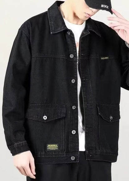 Spring Denim Peter Collar Loose Blue Mens Pockets Coats Pan