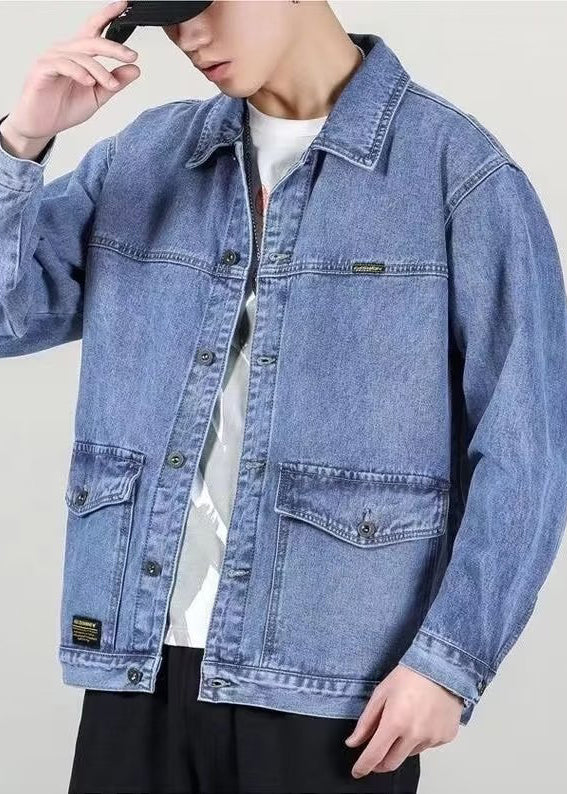 Spring Denim Peter Collar Loose Blue Mens Pockets Coats Pan
