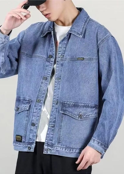 Spring Denim Peter Collar Loose Blue Mens Pockets Coats Pan