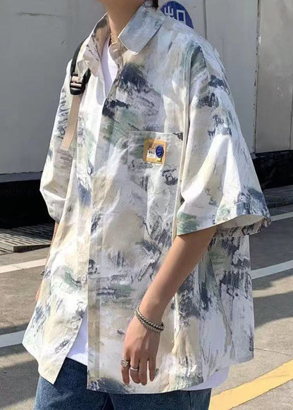 Summer Men Shirts Tie Silk Loose Peter Collar Ice Dye Pan Blue