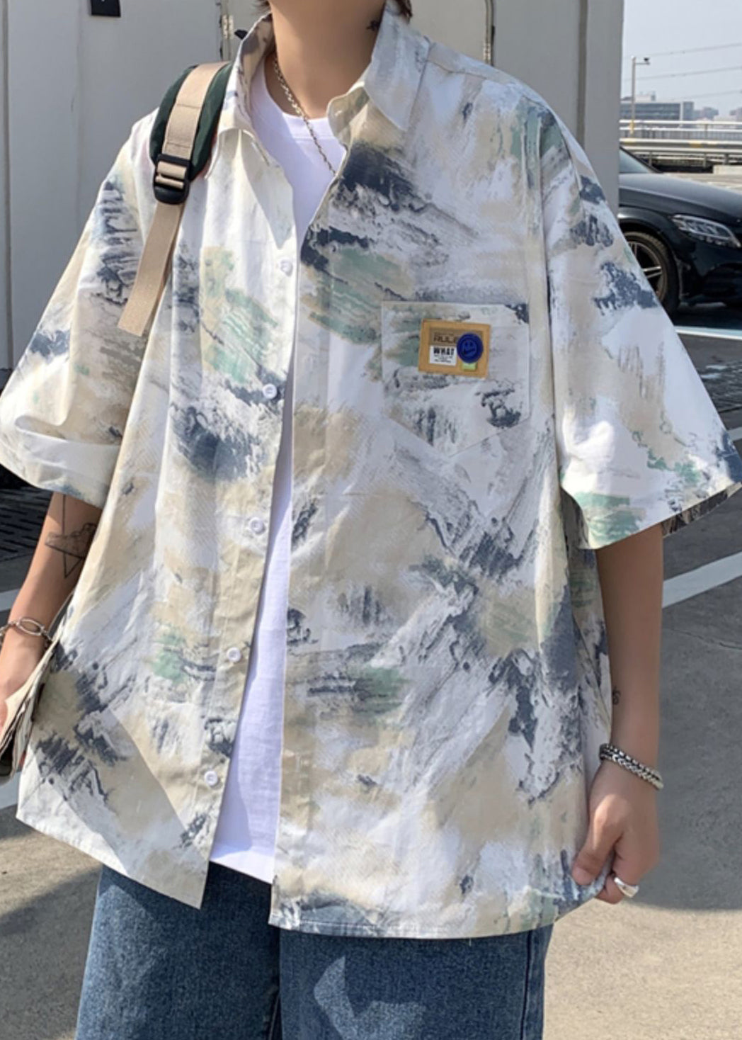 Summer Men Shirts Tie Silk Loose Peter Collar Ice Dye Pan Blue