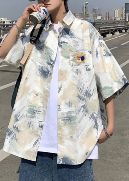 Summer Men Shirts Tie Silk Loose Peter Collar Ice Dye Pan Blue