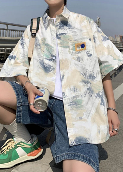 Summer Men Shirts Tie Silk Loose Peter Collar Ice Dye Pan Blue