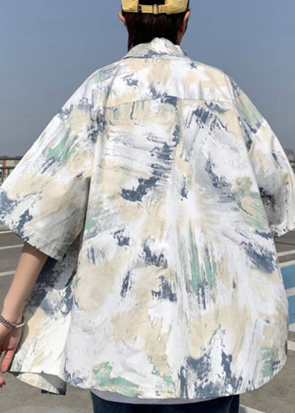 Summer Men Shirts Tie Silk Loose Peter Collar Ice Dye Pan Blue