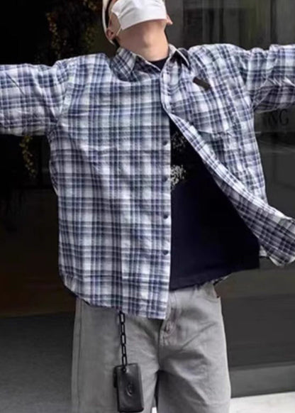 Men's Blue Summer Shirts Plaid Loose Cotton Button