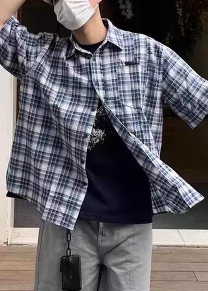 Men's Blue Summer Shirts Plaid Loose Cotton Button