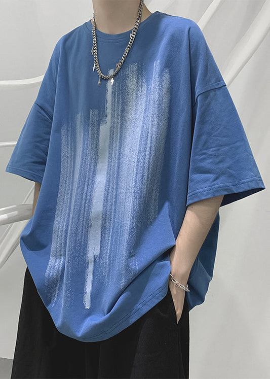 Loose Shirt Men Cozy Half Cotton Print T Blue Sleeve