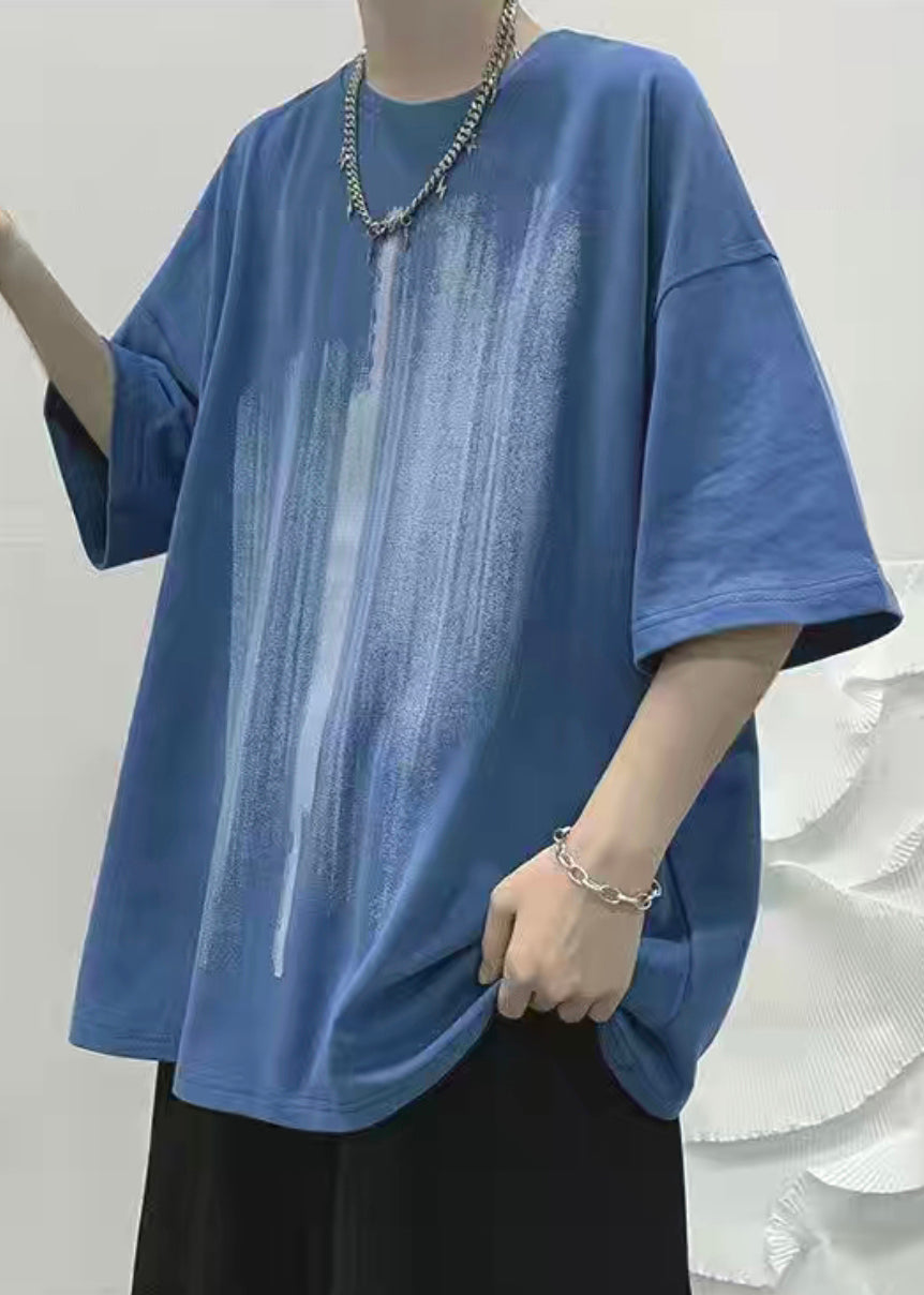 Loose Shirt Men Cozy Half Cotton Print T Blue Sleeve