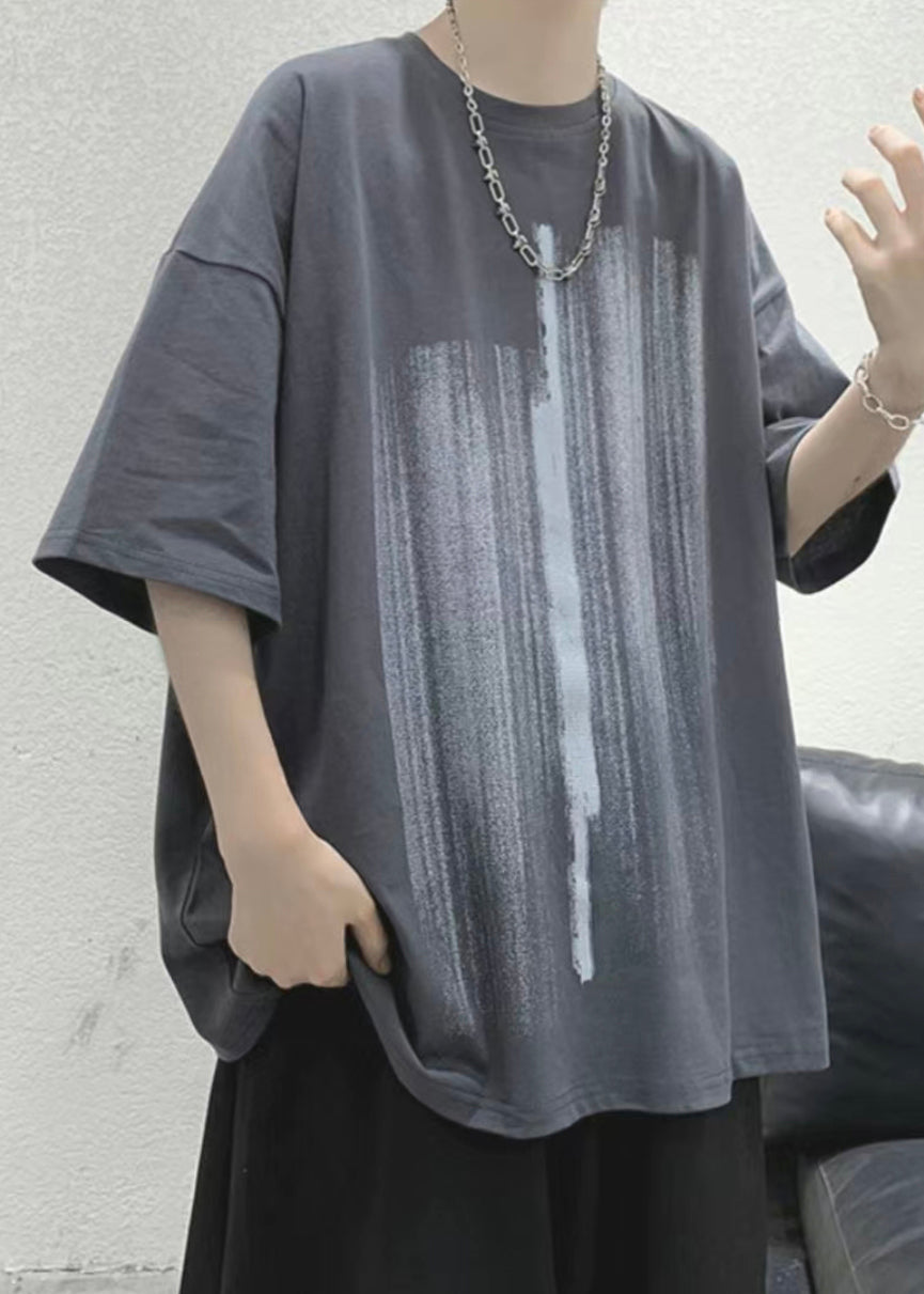 Loose Shirt Men Cozy Half Cotton Print T Blue Sleeve