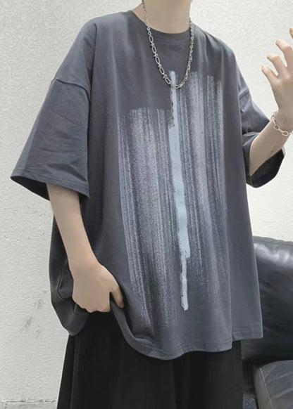 Loose Shirt Men Cozy Half Cotton Print T Blue Sleeve