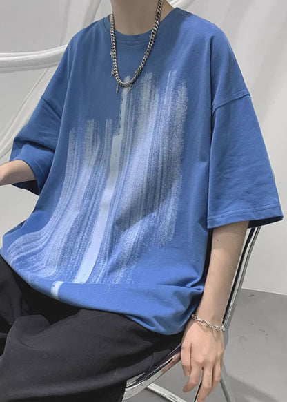 Loose Shirt Men Cozy Half Cotton Print T Blue Sleeve