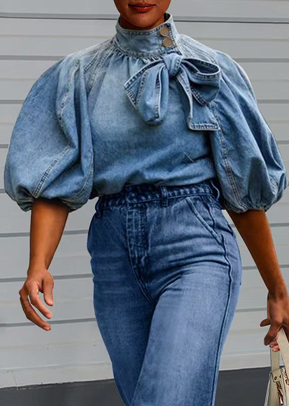 Sleeve Lace Lantern Denim Shirt Loose Collar Up Stand Blue
