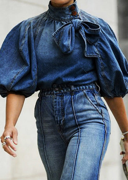 Sleeve Lace Lantern Denim Shirt Loose Collar Up Stand Blue