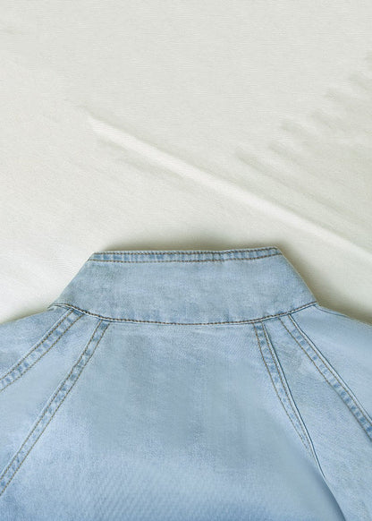 Sleeve Lace Lantern Denim Shirt Loose Collar Up Stand Blue