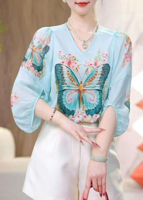 Sleeve V Shirt Print Blue Neck Loose Chiffon Bracelet