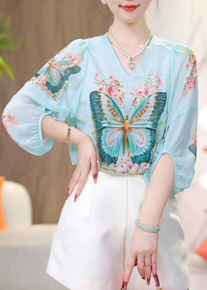 Sleeve V Shirt Print Blue Neck Loose Chiffon Bracelet