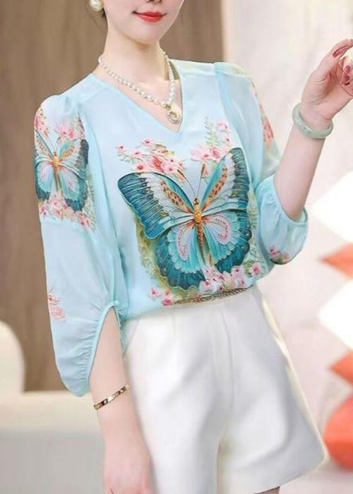Sleeve V Shirt Print Blue Neck Loose Chiffon Bracelet