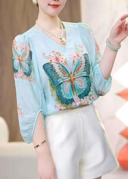Sleeve V Shirt Print Blue Neck Loose Chiffon Bracelet