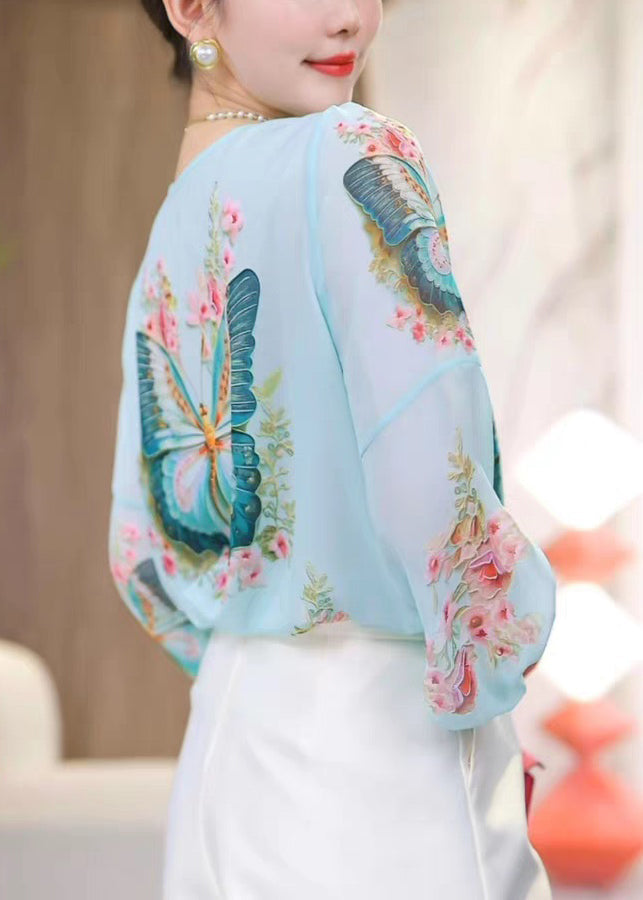 Sleeve V Shirt Print Blue Neck Loose Chiffon Bracelet