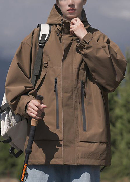 Spring Pockets Cotton Loose Coat Men Hooded Zippered Brown