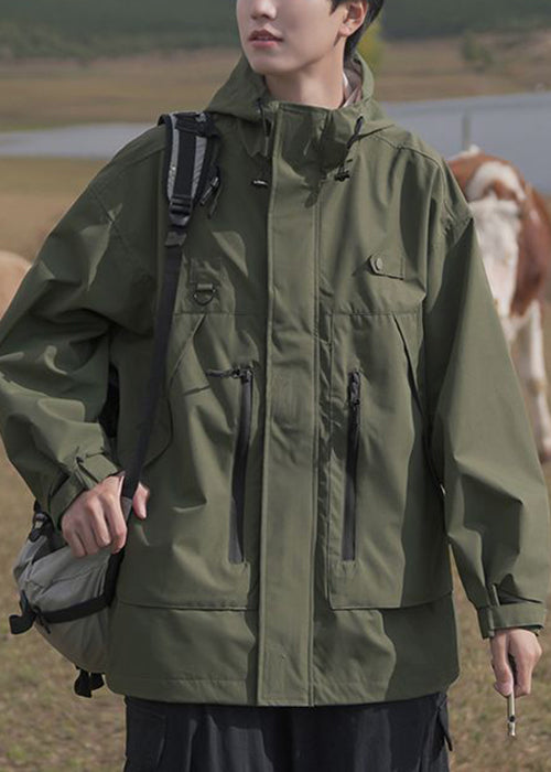 Spring Pockets Cotton Loose Coat Men Hooded Zippered Brown