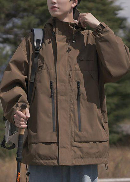 Spring Pockets Cotton Loose Coat Men Hooded Zippered Brown