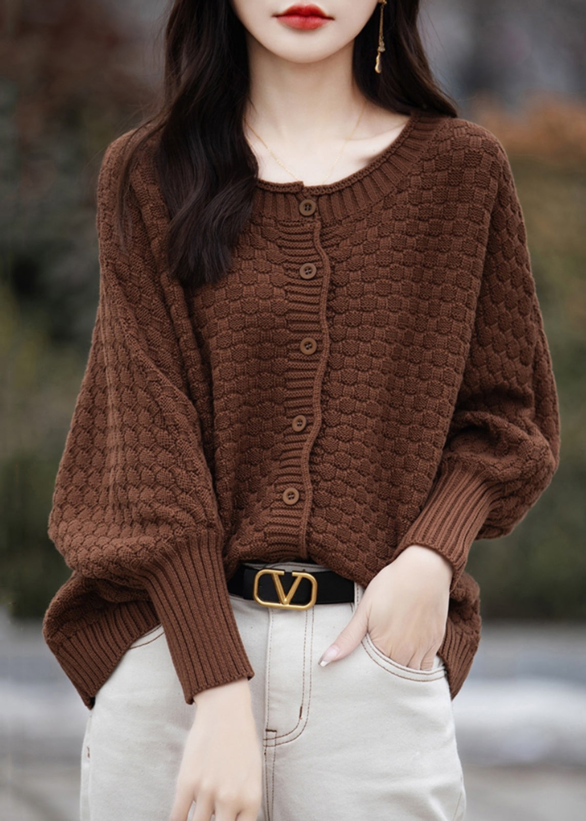 Loose Brown O Neck Button Cotton Knit Sweater Spring TF021
