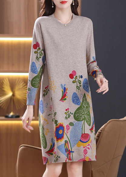 Loose Camel O Neck Side Open Wool Knit Dress Spring TB001